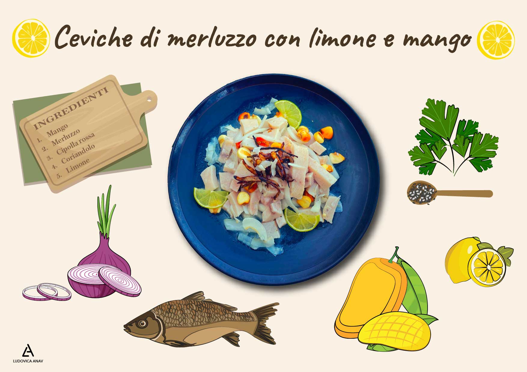 Ceviche di merluzzo, limone e mango